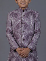 Purple silk embroidered work indowestern suit