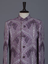 Purple silk embroidered work indowestern suit