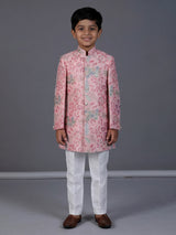 Pink silk blend embroidered boys indowestern set