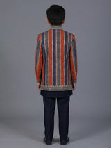 Navy blue striped silk indowestern set for boys