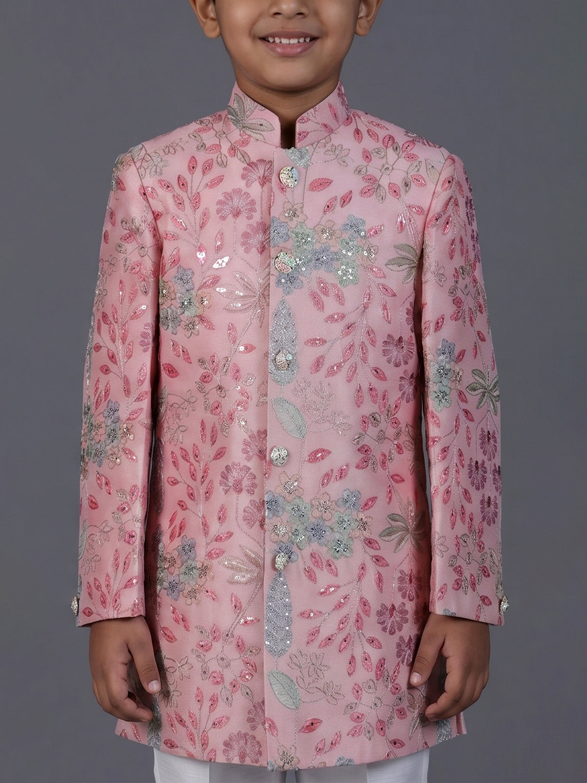 Pink silk blend embroidered boys indowestern set