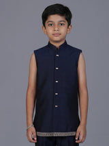 Navy blue striped silk indowestern set for boys