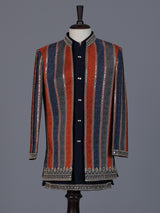 Navy blue striped silk indowestern set for boys