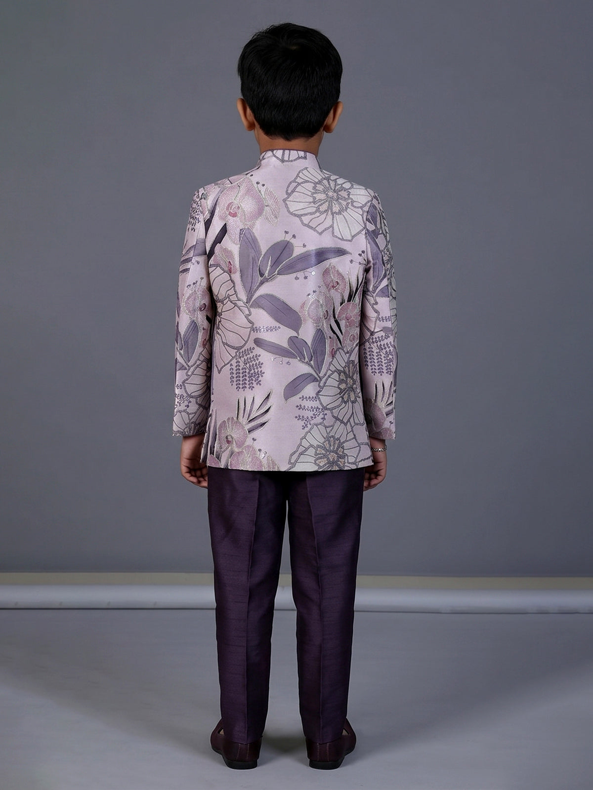 Purple raw silk embroidered boys indowestern suit set