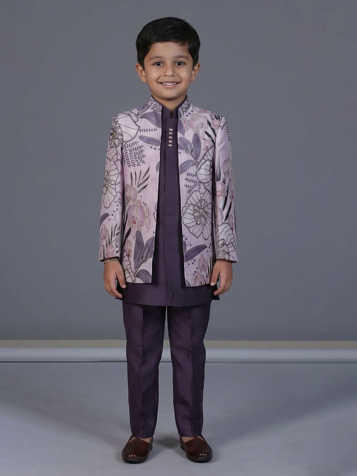 Purple raw silk embroidered boys indowestern suit set