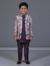 Purple raw silk embroidered boys indowestern suit set