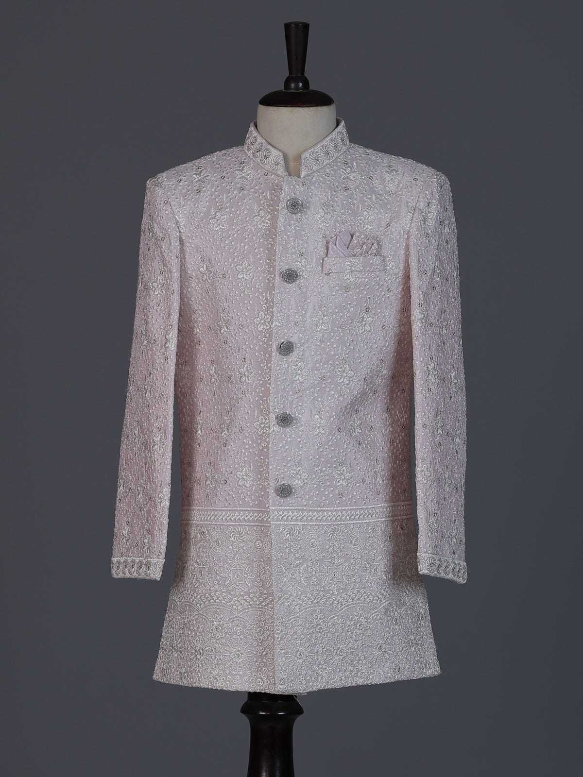 Light pink silk embroidered boys indowestern suit set
