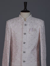 Light pink silk embroidered boys indowestern suit set