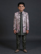 Off white grey raw silk boys indowestern suit