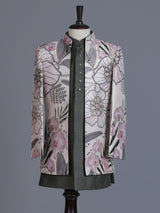 Off white grey raw silk boys indowestern suit
