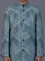 Sea green silk blend indowestern suit for boys