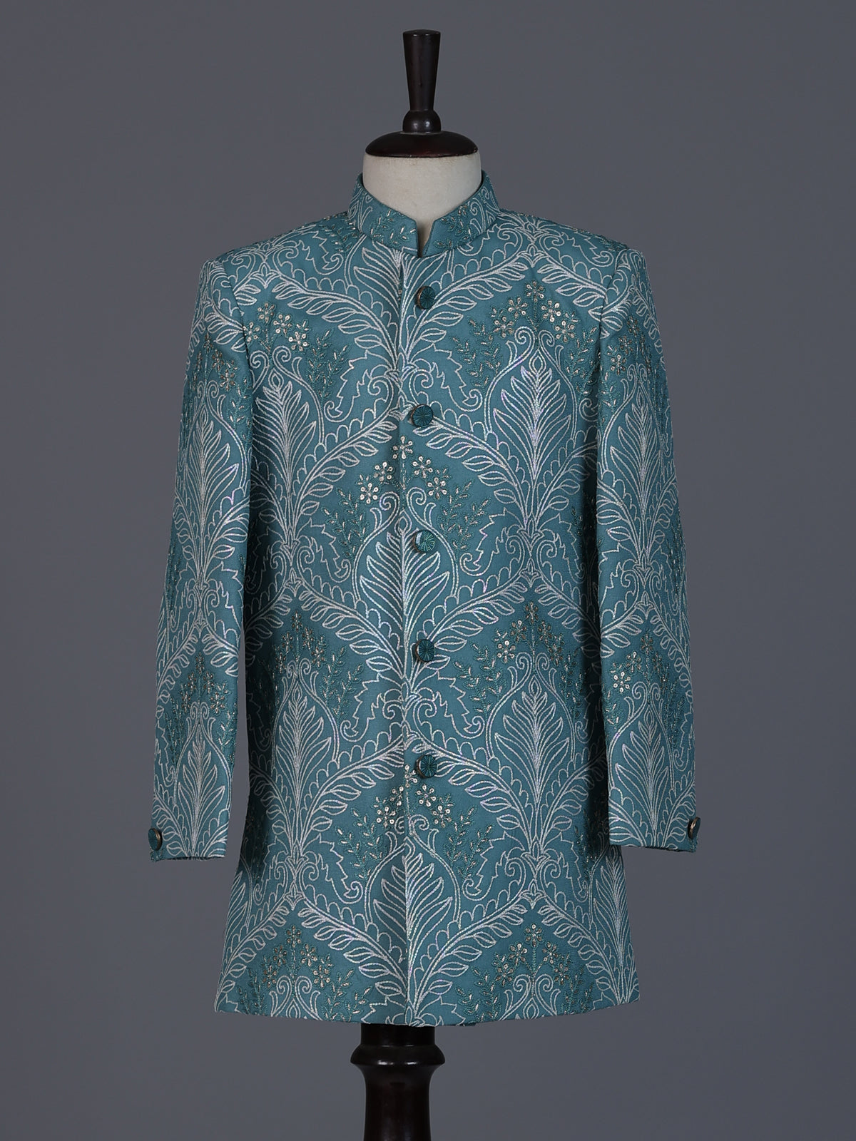 Sea green silk blend indowestern suit for boys