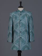 Sea green silk blend indowestern suit for boys