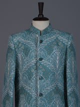Sea green silk blend indowestern suit for boys