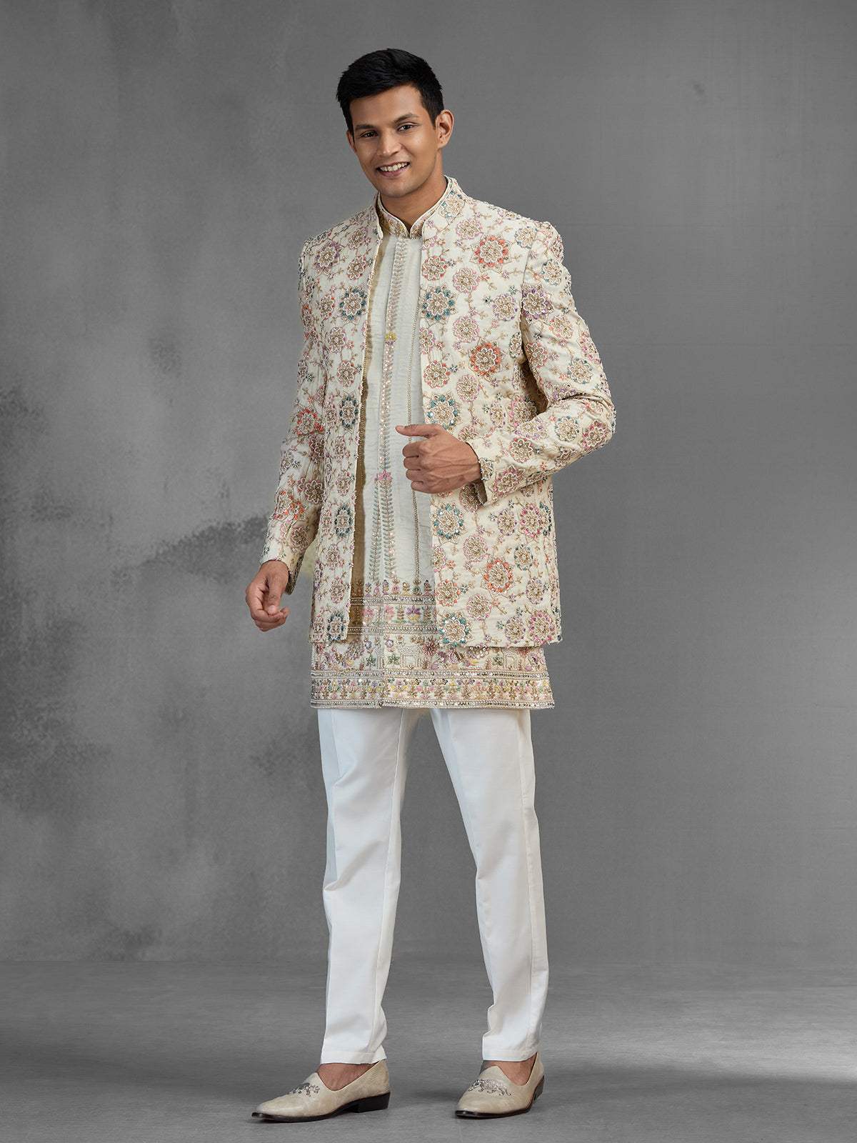 Ivory tussar silk open front indo western with embroidery