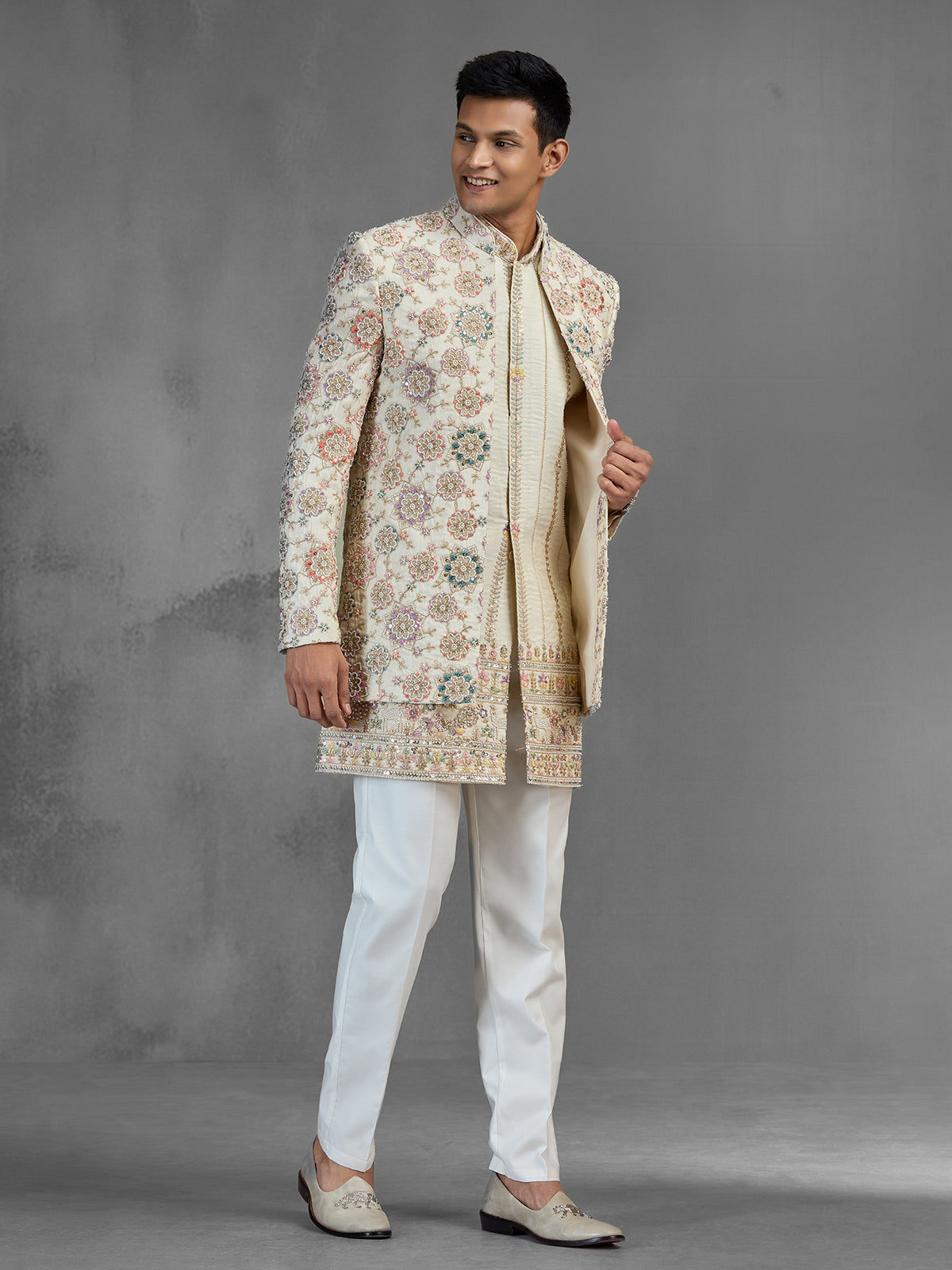 Ivory tussar silk open front indo western with embroidery