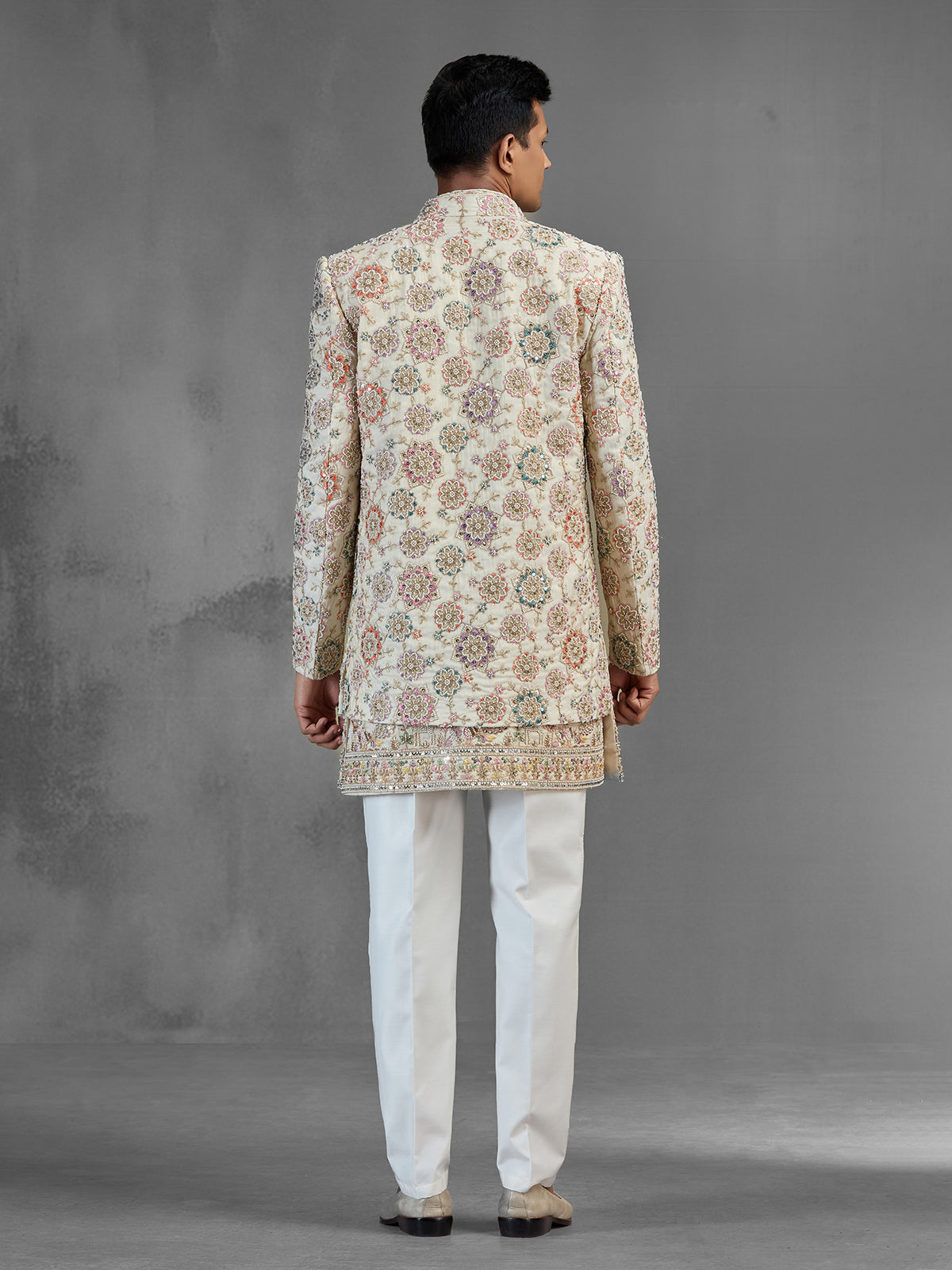 Ivory tussar silk open front indo western with embroidery