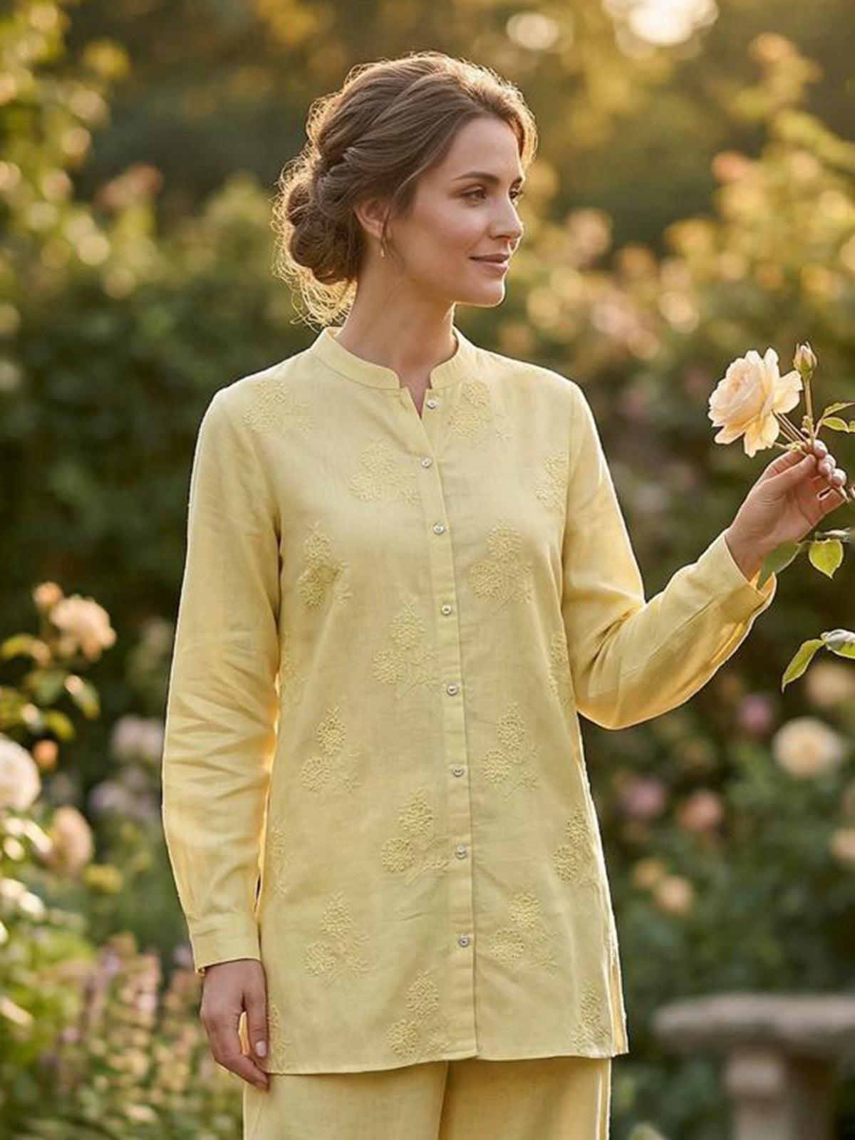 Light yellow linen cotton co ord set for casual wear