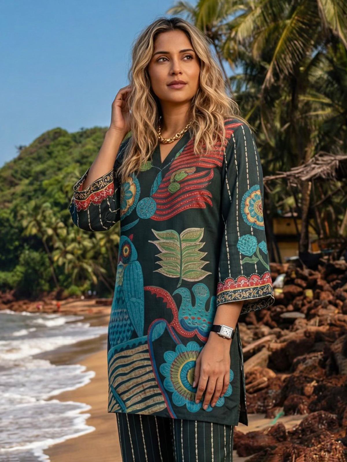 Bottle green printed cotton co ord set