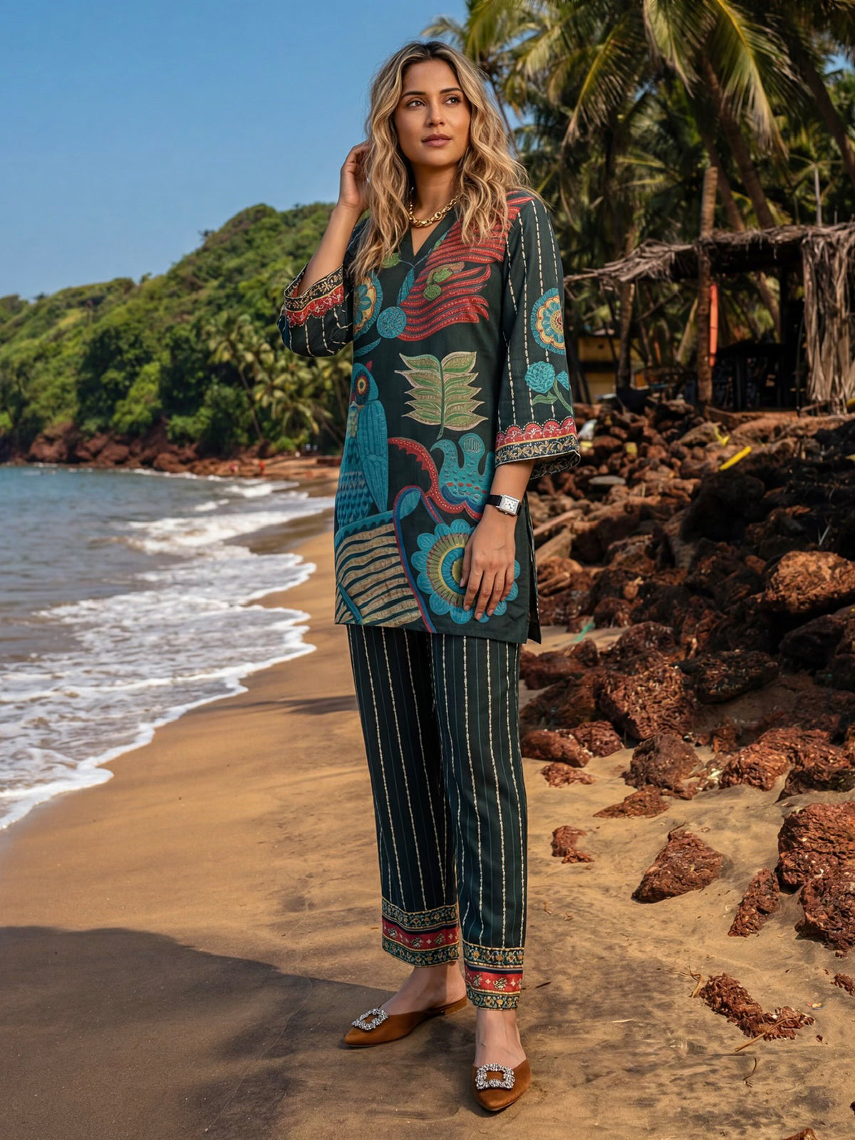 Bottle green printed cotton co ord set