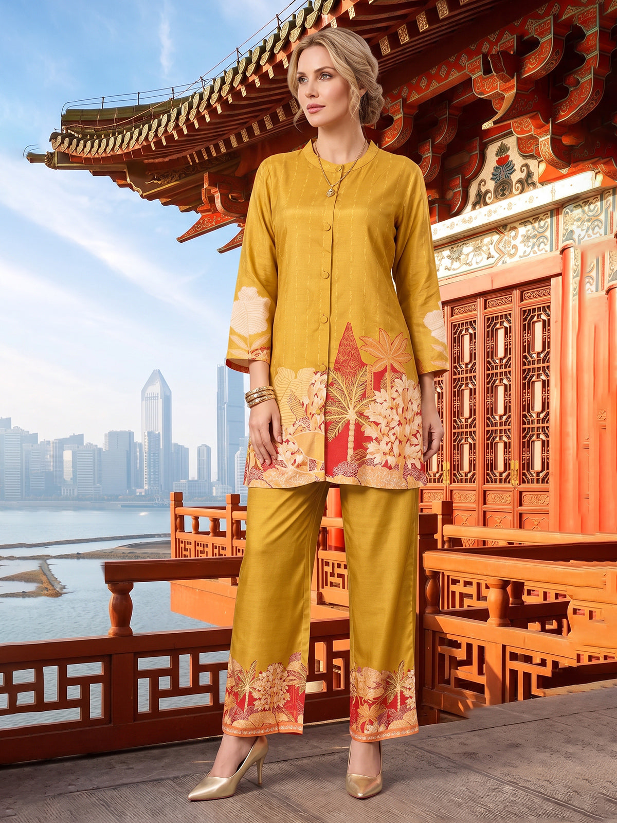 Mustard yellow cotton silk co ord set for casual wear
