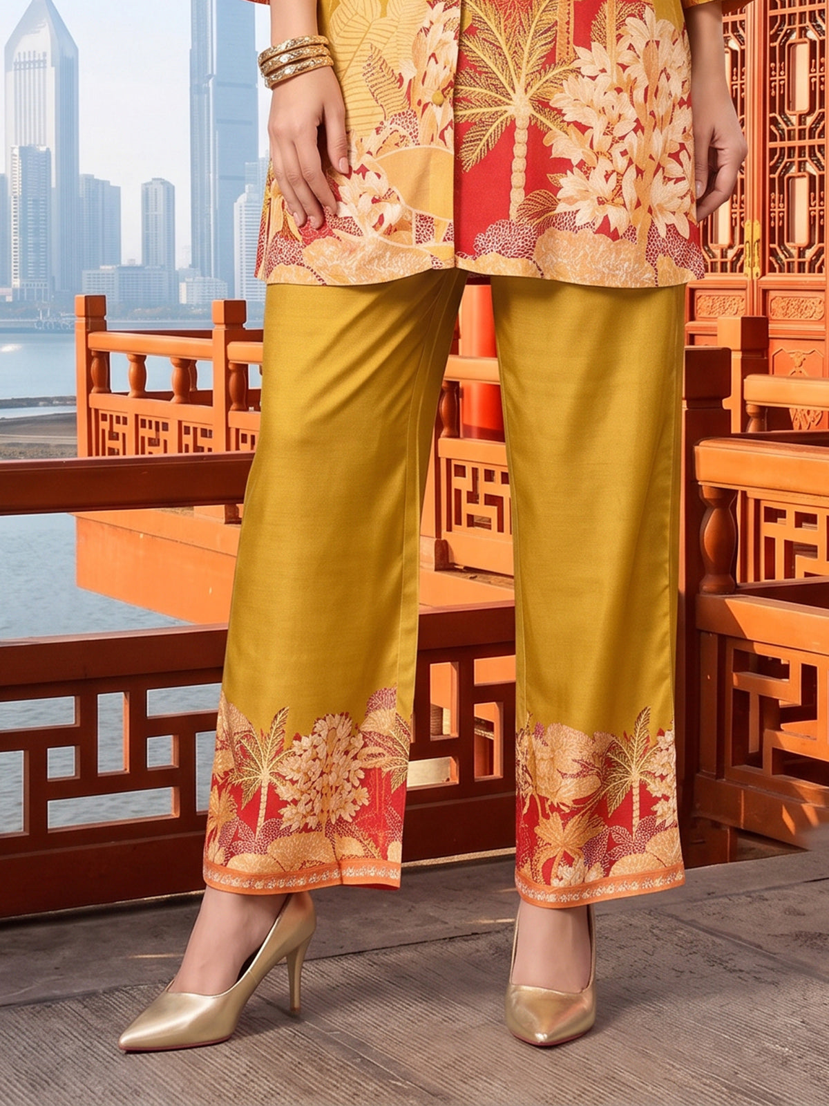 Mustard yellow cotton silk co ord set for casual wear
