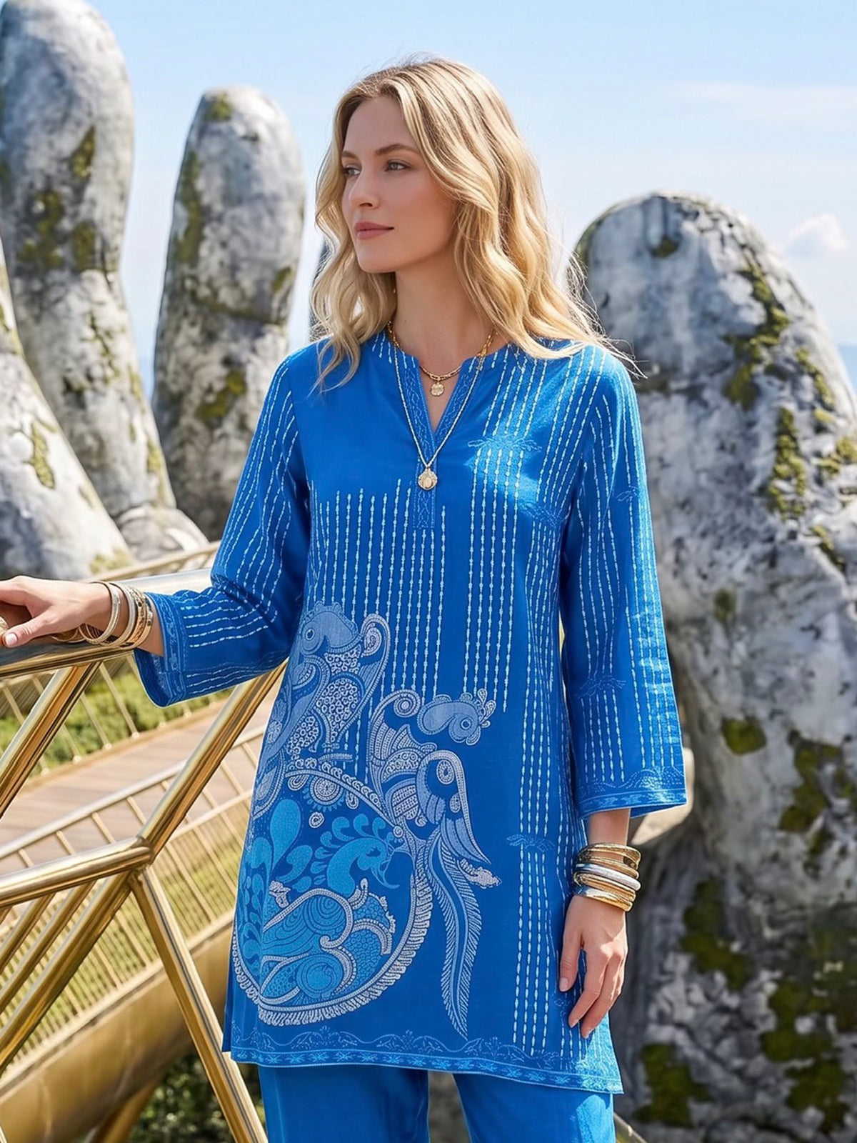 Blue printed cotton silk co ord set for women
