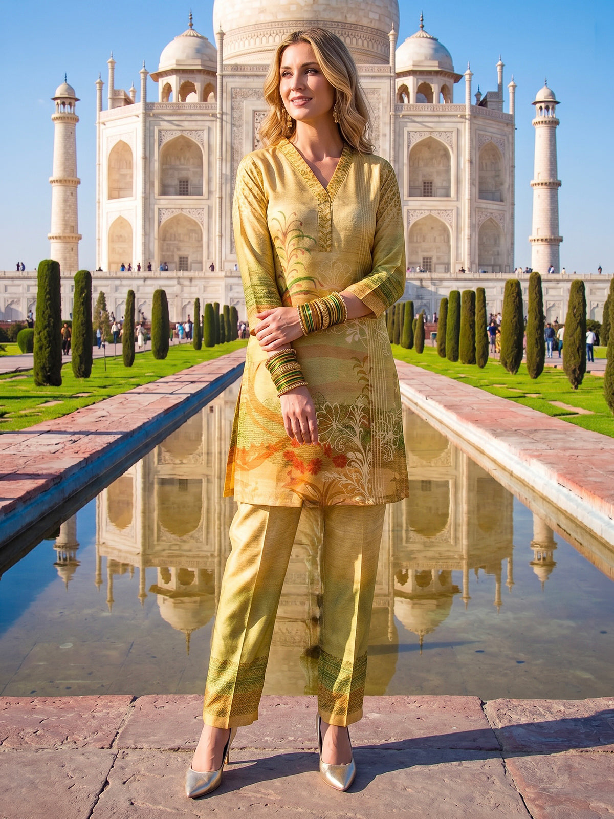 Pista green printed cotton silk co ord set