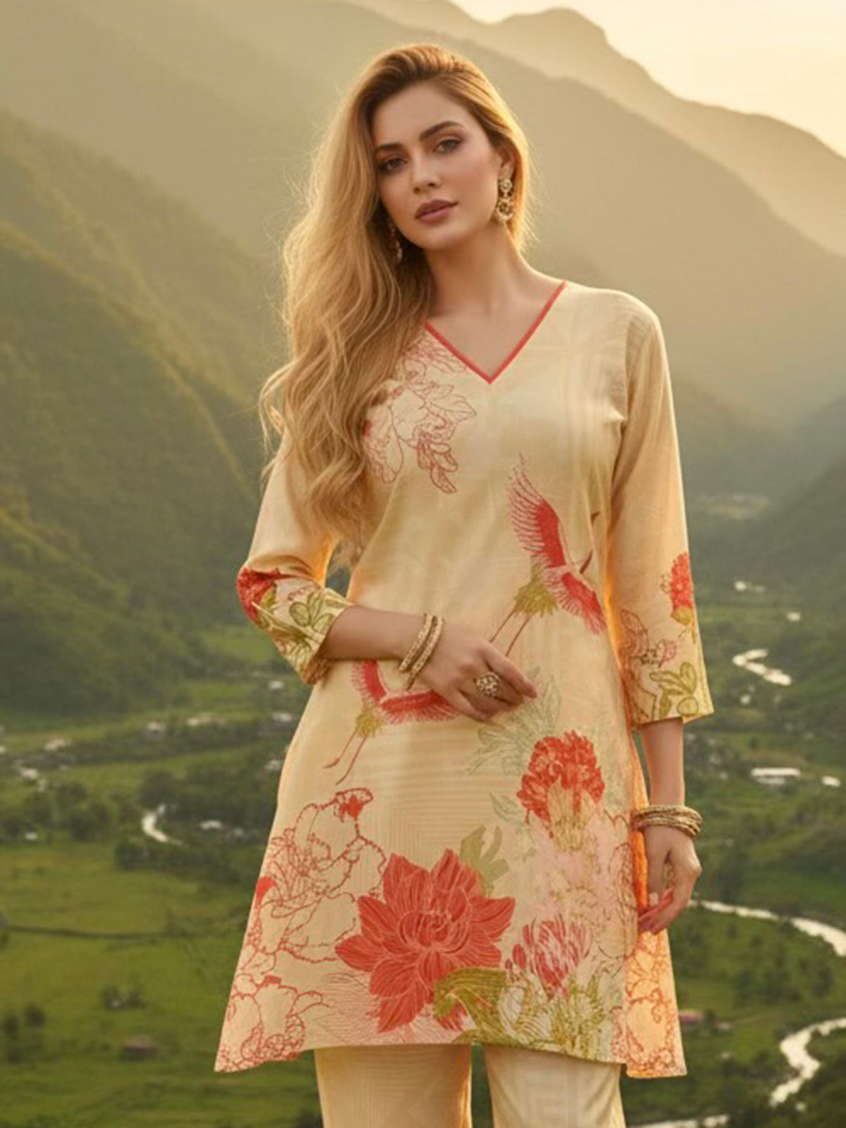 Cream printed cotton silk co ord set for women