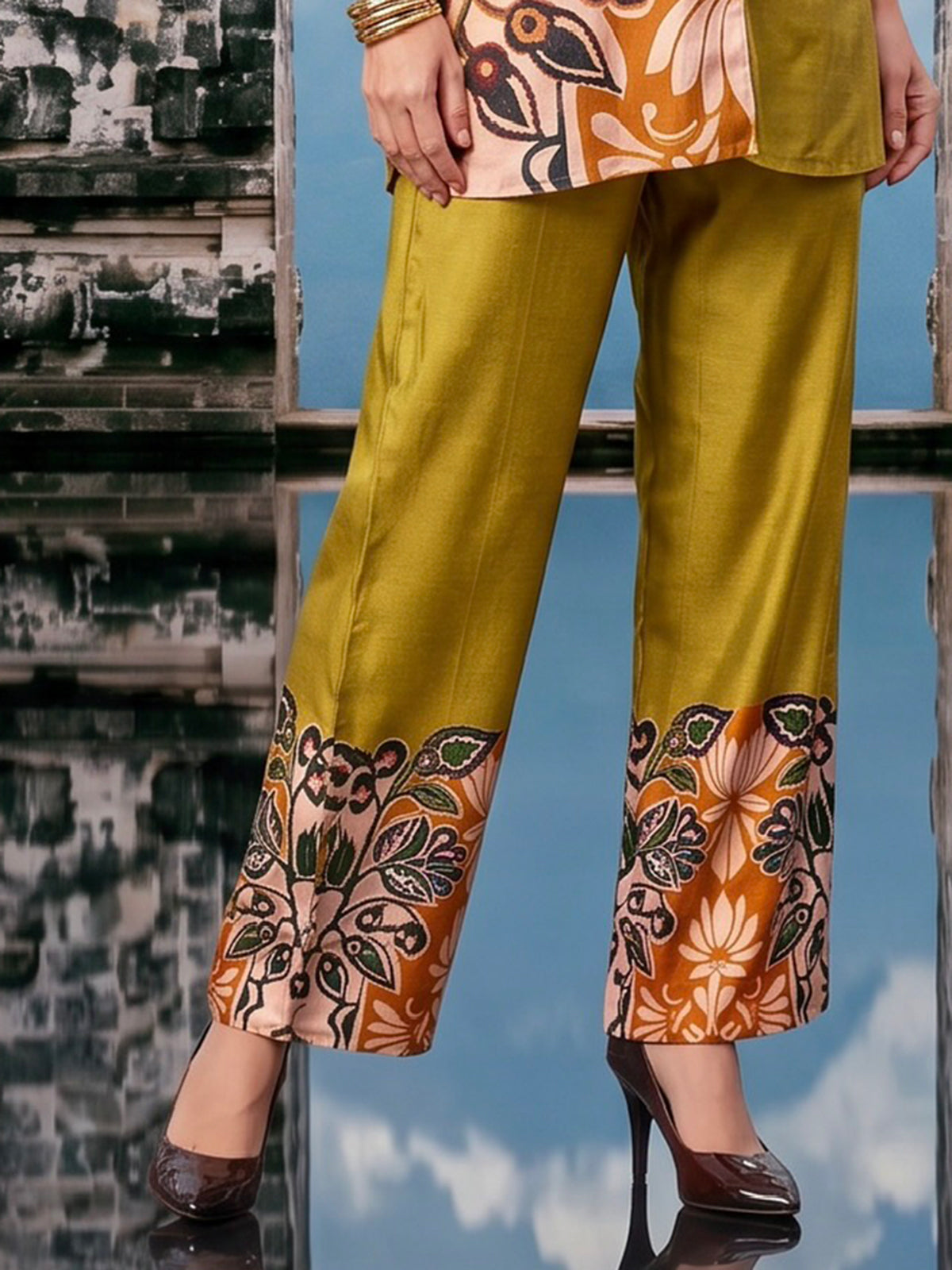 Olive green printed cotton silk co ord set