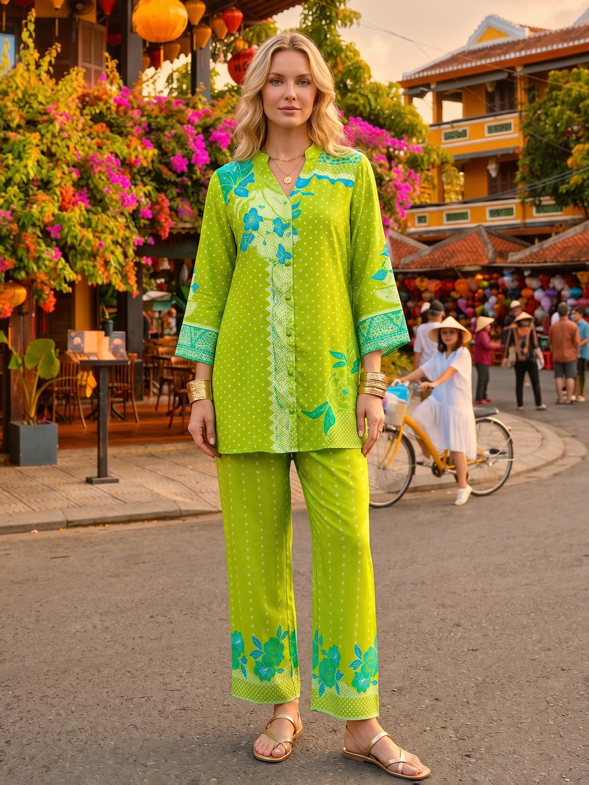 Lime green printed cotton silk co ord set
