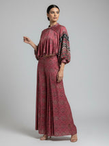 Brown printed silk sharara suit