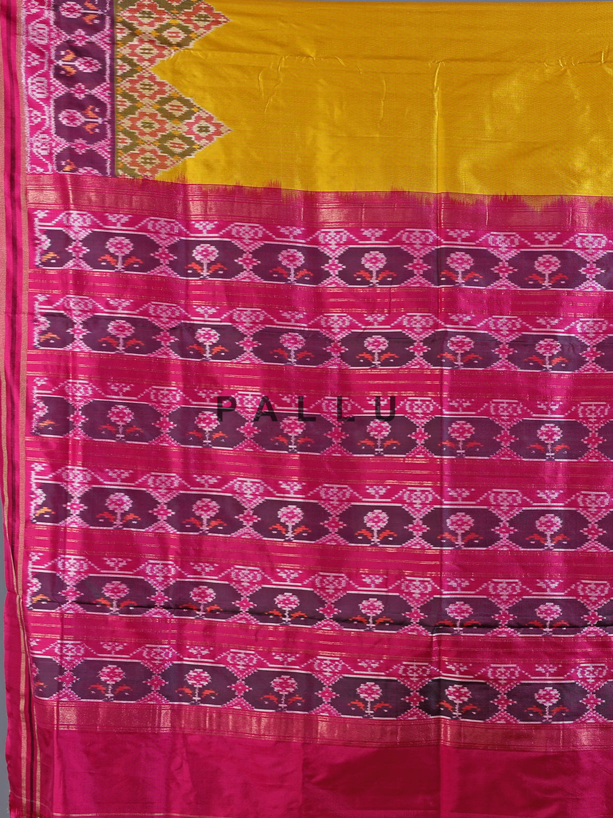 Mustard yellow pure hyderabadi patola silk saree with vibrant motif border