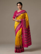 Mustard yellow pure hyderabadi patola silk saree with vibrant motif border
