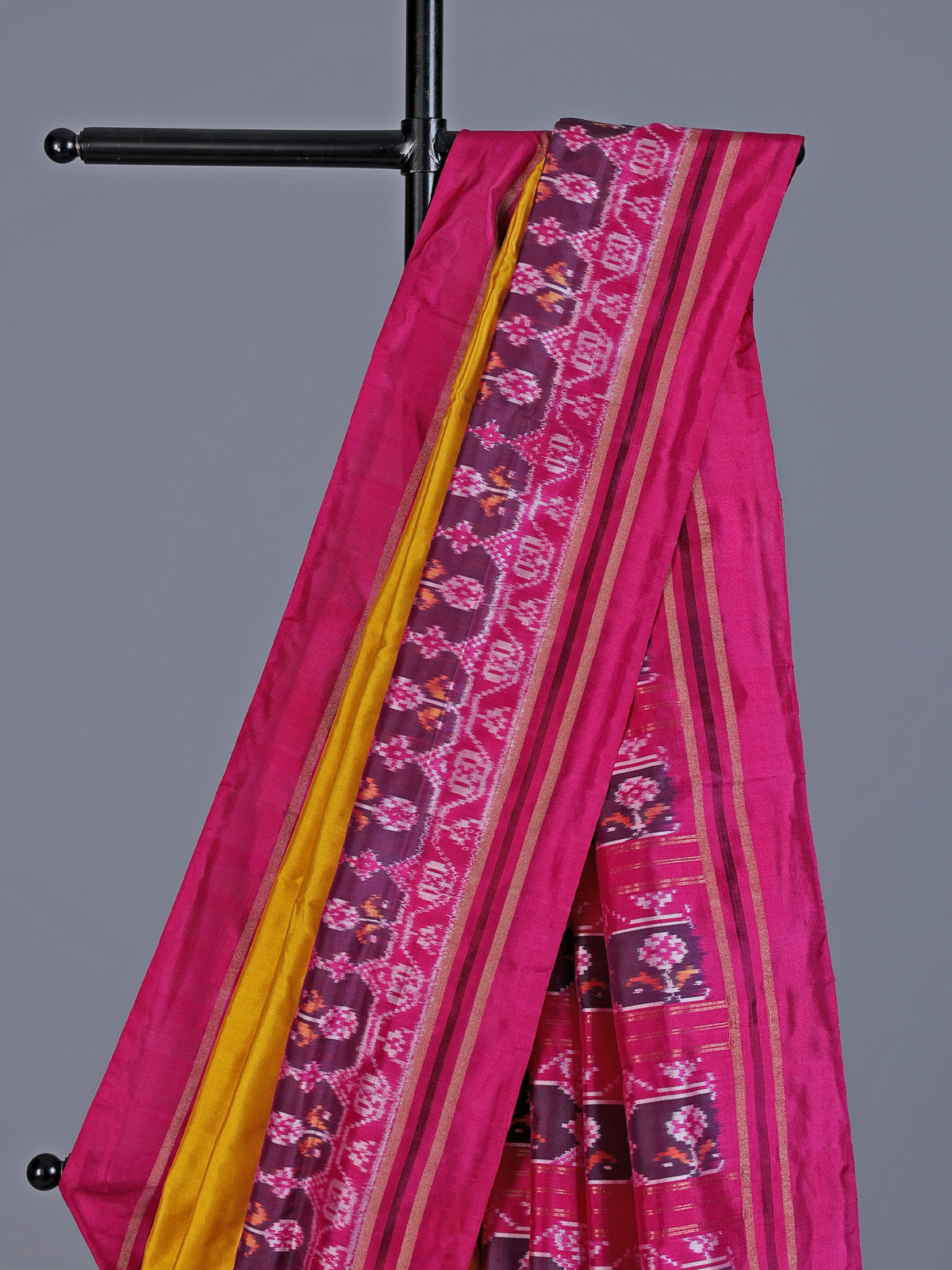 Mustard yellow pure hyderabadi patola silk saree with vibrant motif border