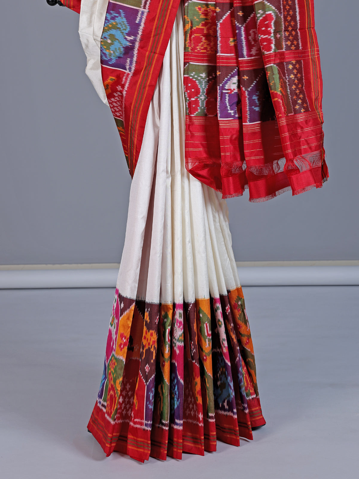 White pure patola silk saree with elephant bird motifs