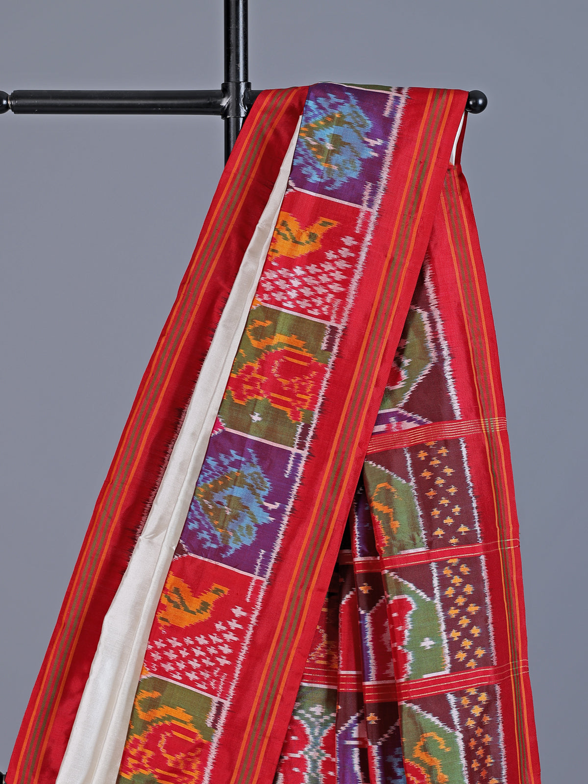 White pure patola silk saree with elephant bird motifs
