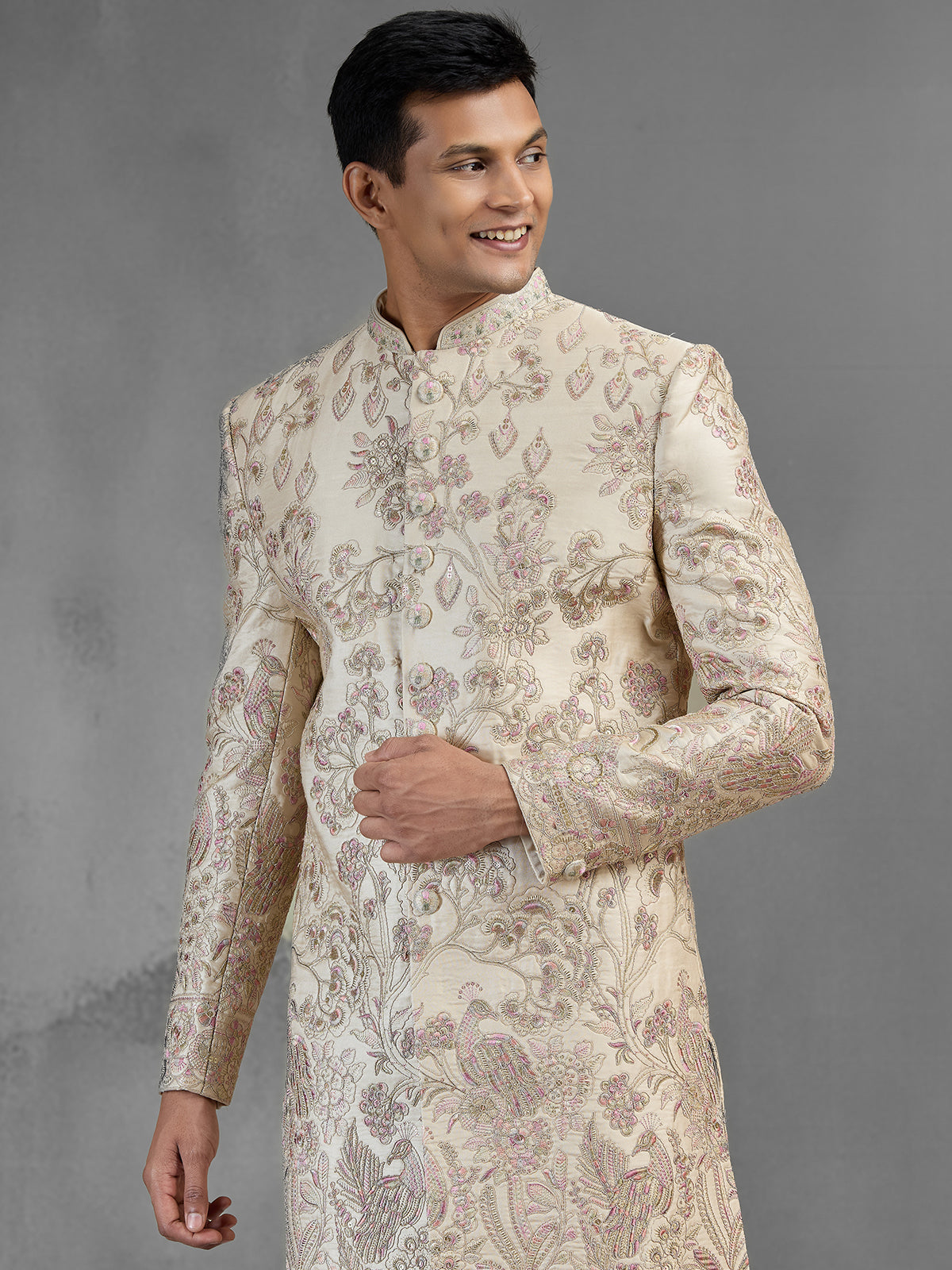 Beige silk sherwani with sequins and resham embroidery