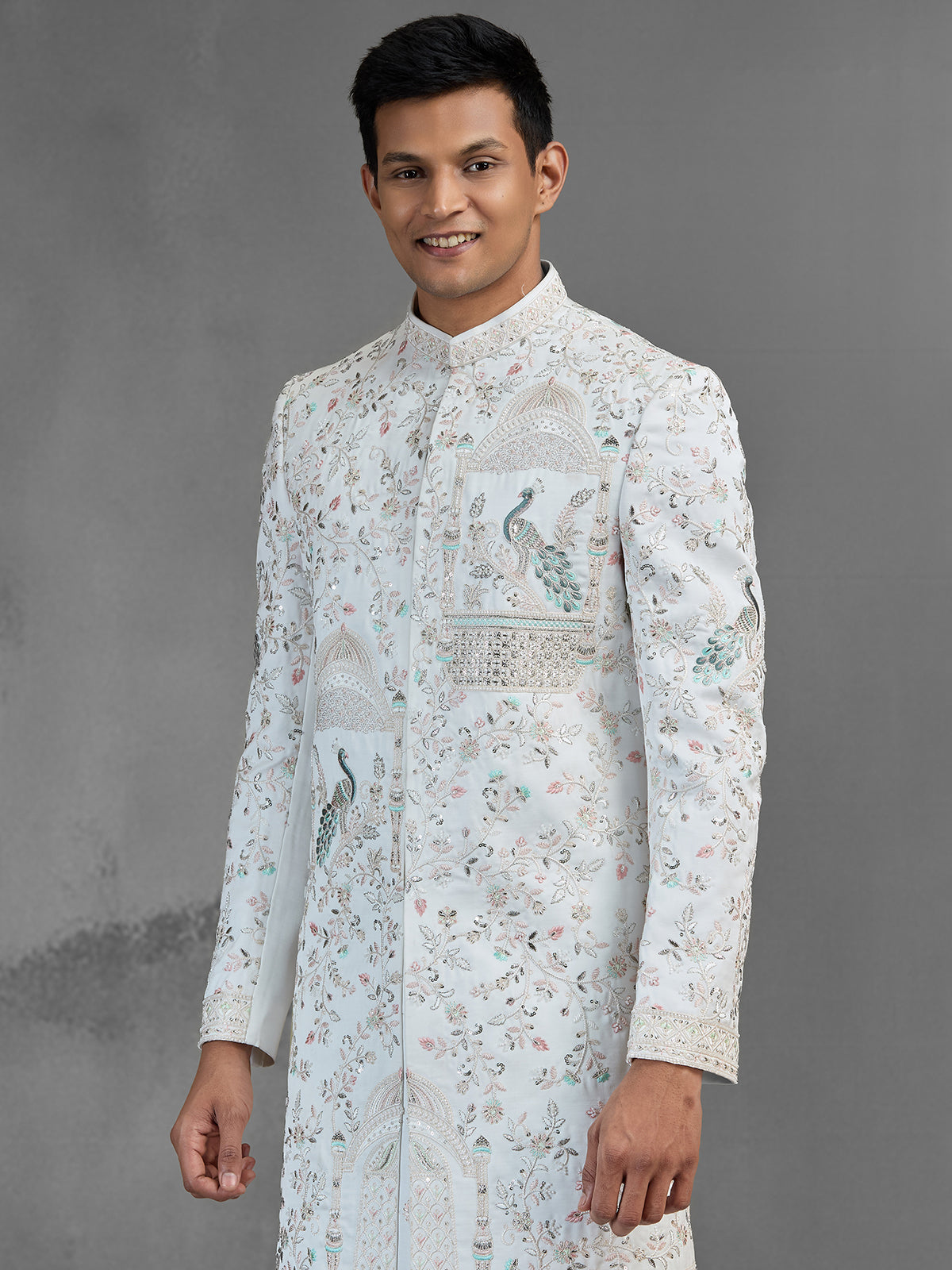 Off white chanderi silk sherwani with peacock motifs