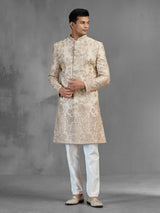 Beige silk sherwani with sequins and resham embroidery