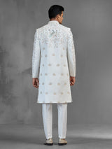 Off white chanderi silk sherwani with peacock motifs