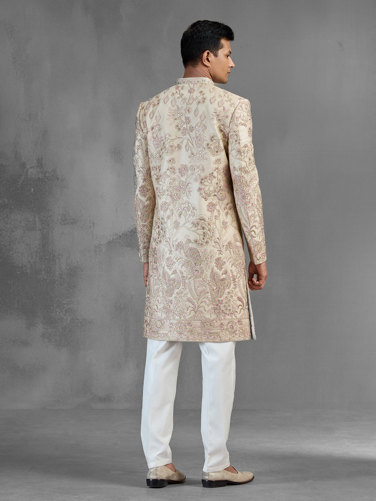 Beige silk sherwani with sequins and resham embroidery
