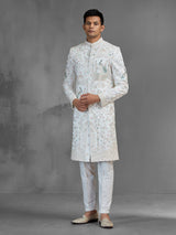 Off white chanderi silk sherwani with peacock motifs