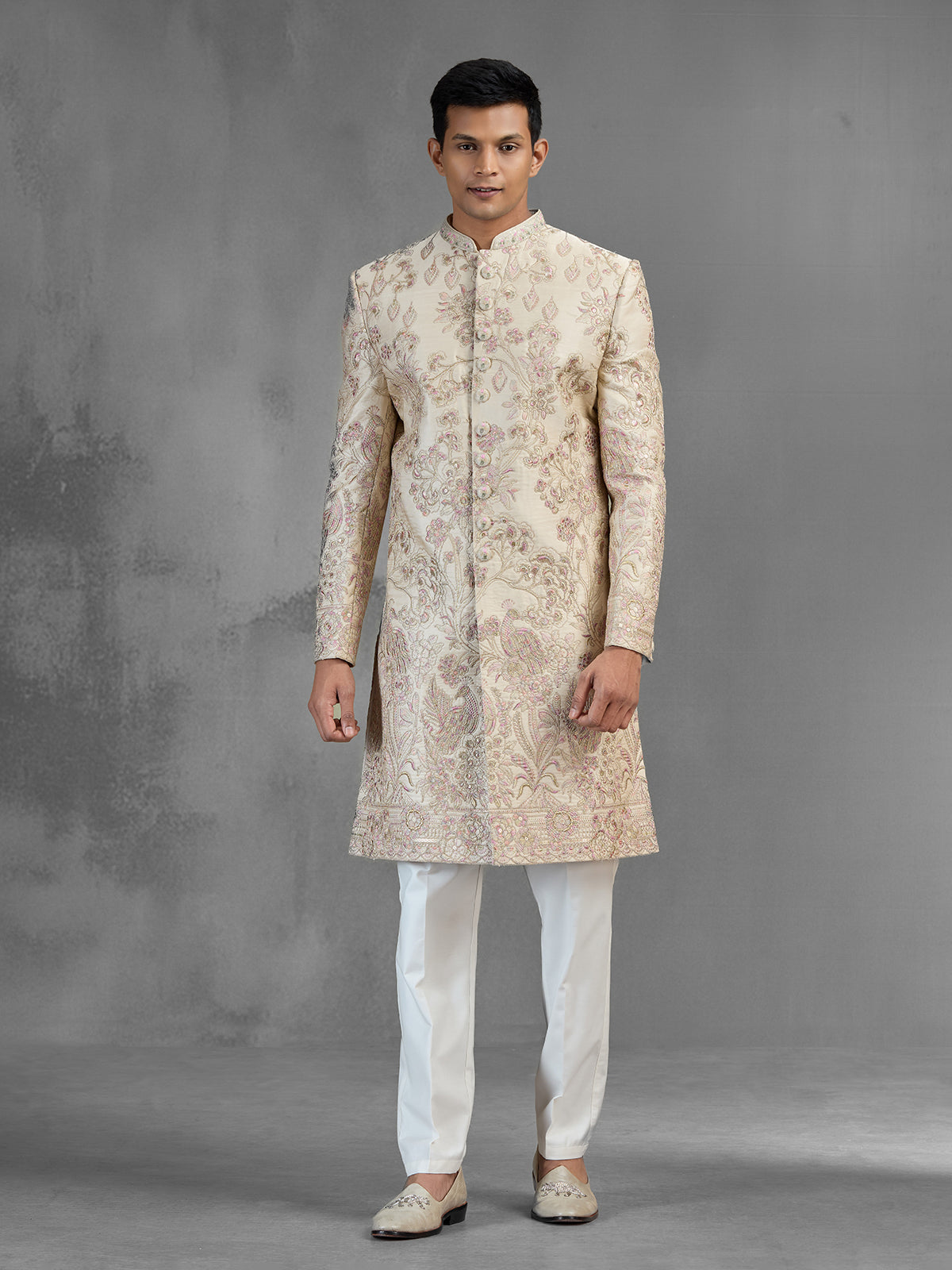 Beige silk sherwani with sequins and resham embroidery
