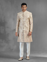 Beige silk sherwani with sequins and resham embroidery