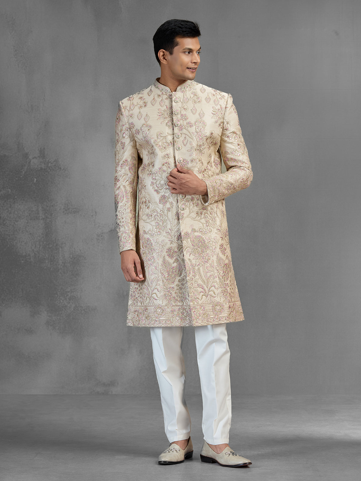 Beige silk sherwani with sequins and resham embroidery