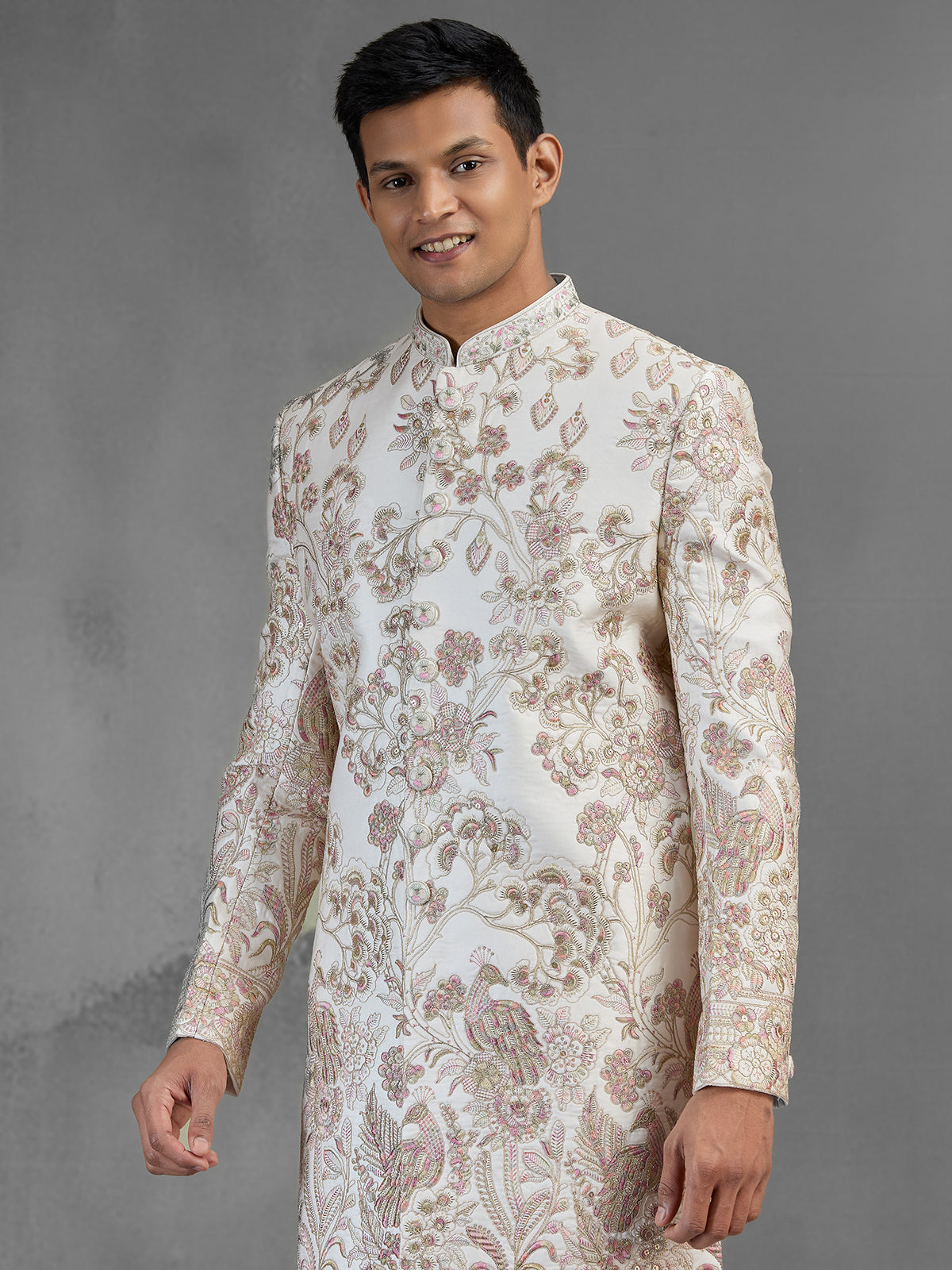 Light peach raw silk sherwani with garden embroidery
