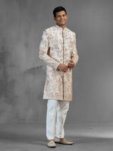 Light peach raw silk sherwani with garden embroidery