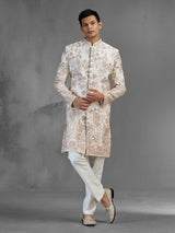Light peach raw silk sherwani with garden embroidery