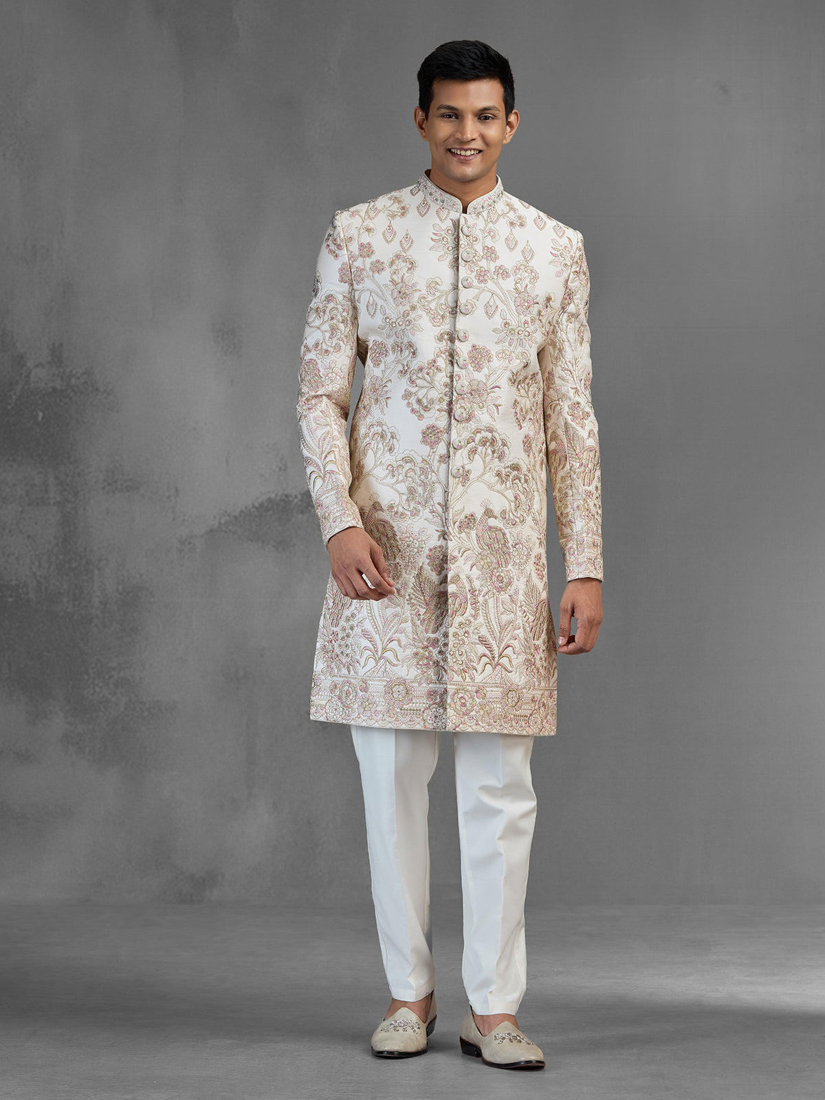 Light peach raw silk sherwani with garden embroidery